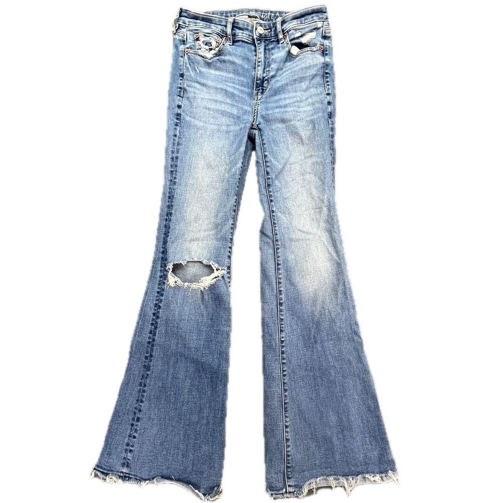 American‎ Eagle Super Hi Rise Flare Jeans Distressed Light Wash Women's Size 2